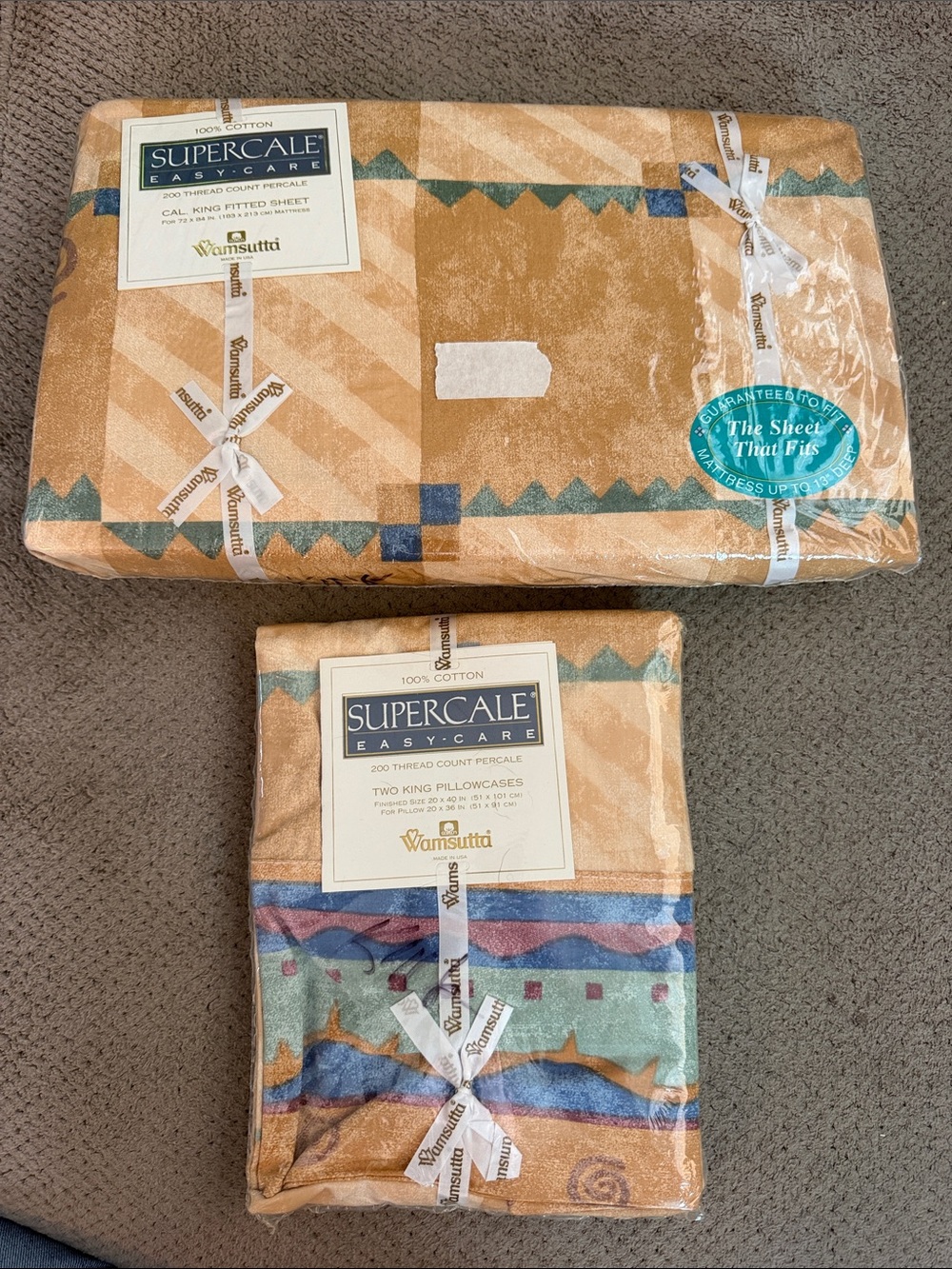 Wamsutta Supercale Easy-Care Cal King fitted sheet &Pillowcases - Blue and Tan